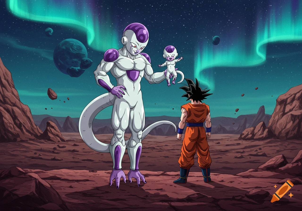 Frieza holds a baby Frieza as Goku watches on a rocky alien planet with aurora borealis in the night sky. Anime style.