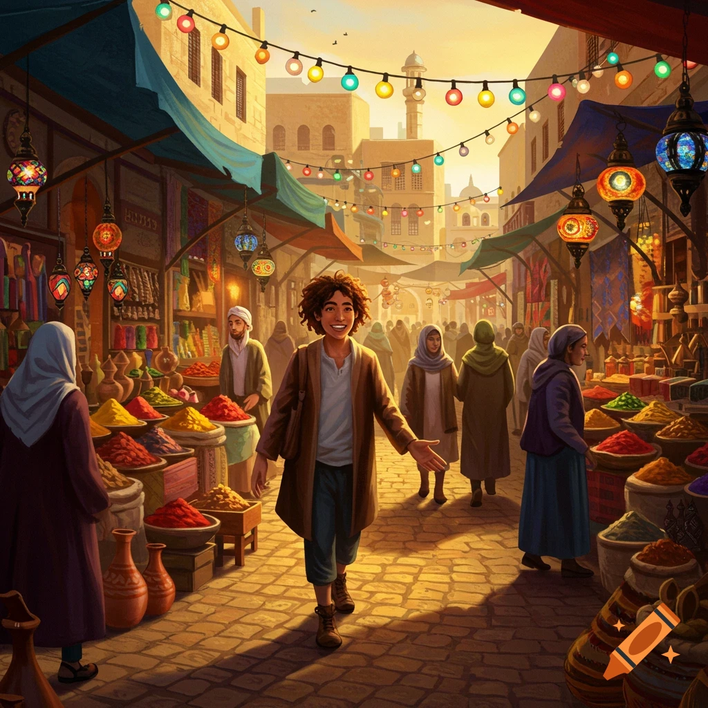 Smiling young man in a vibrant, colorful Middle Eastern market at sunset, with spice stalls, lanterns, and people. Illustrated.