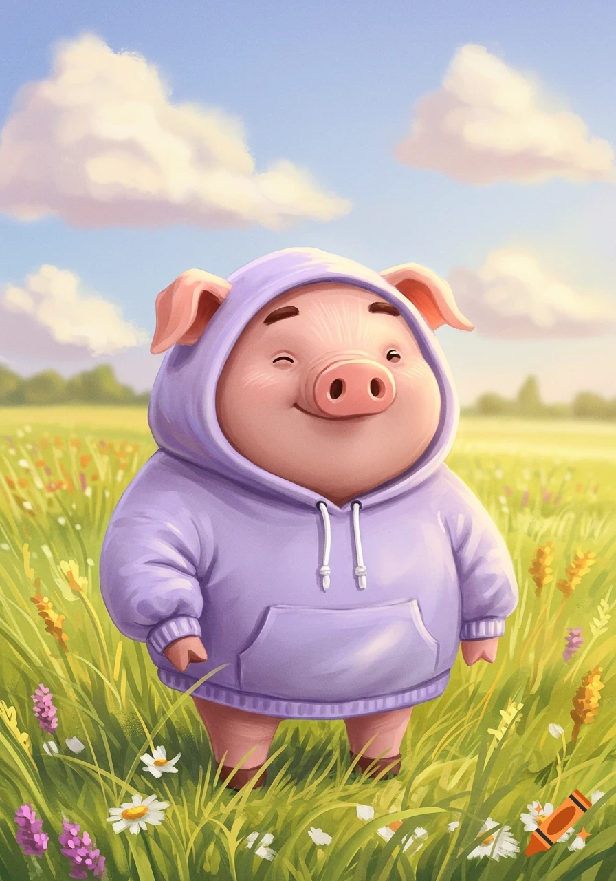 A cute cartoon pig in a purple hoodie winks and smiles while standing in a sunny, grassy field.
