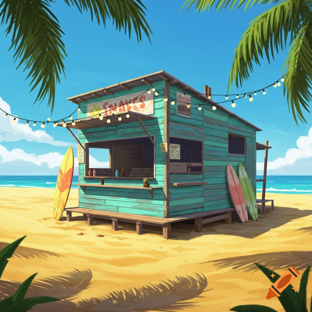 A stylized turquoise snack shack sits on a sandy beach under a clear blue sky, with palm leaves and surfboards.