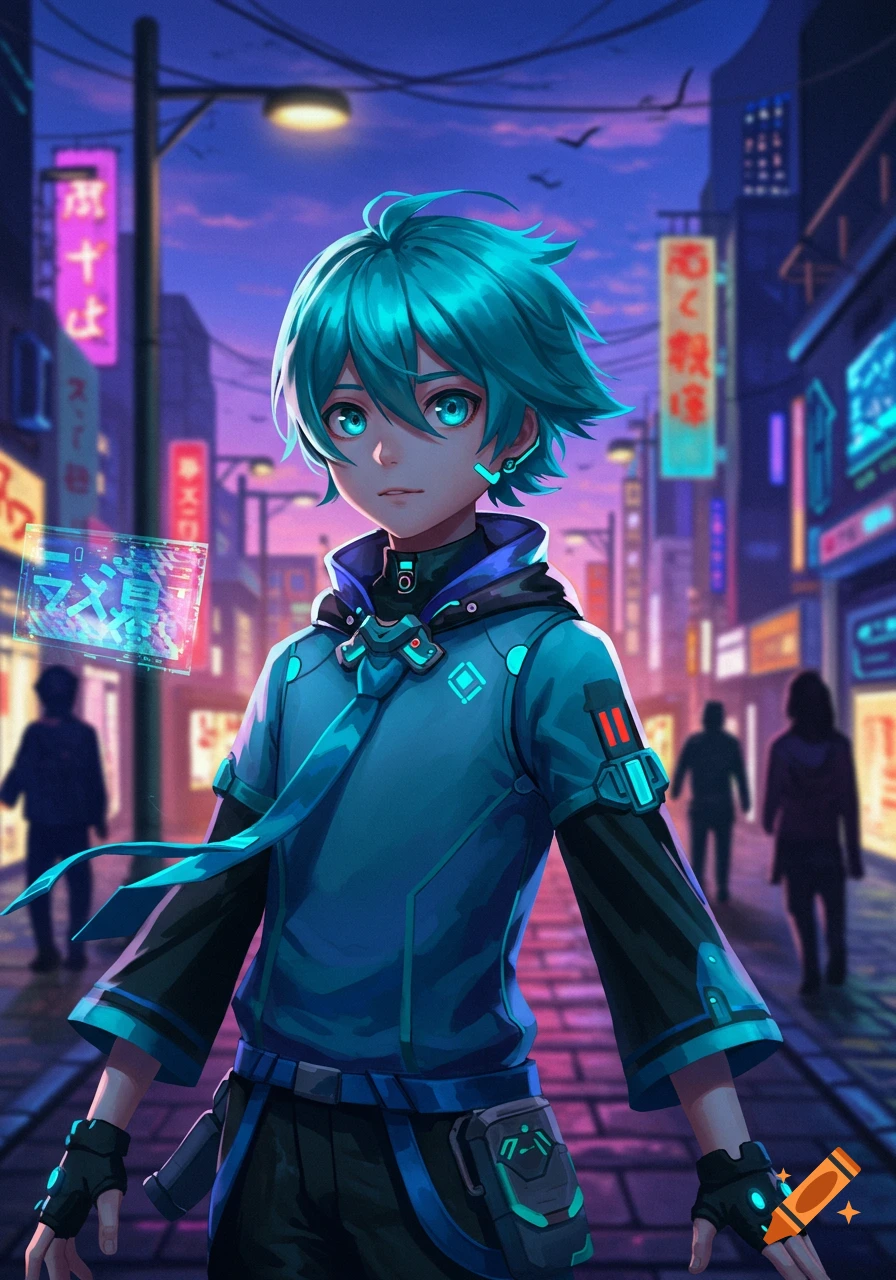 Anime boy with teal hair and glowing blue eyes in a futuristic outfit, standing on a neon-lit cyberpunk city street at dusk.