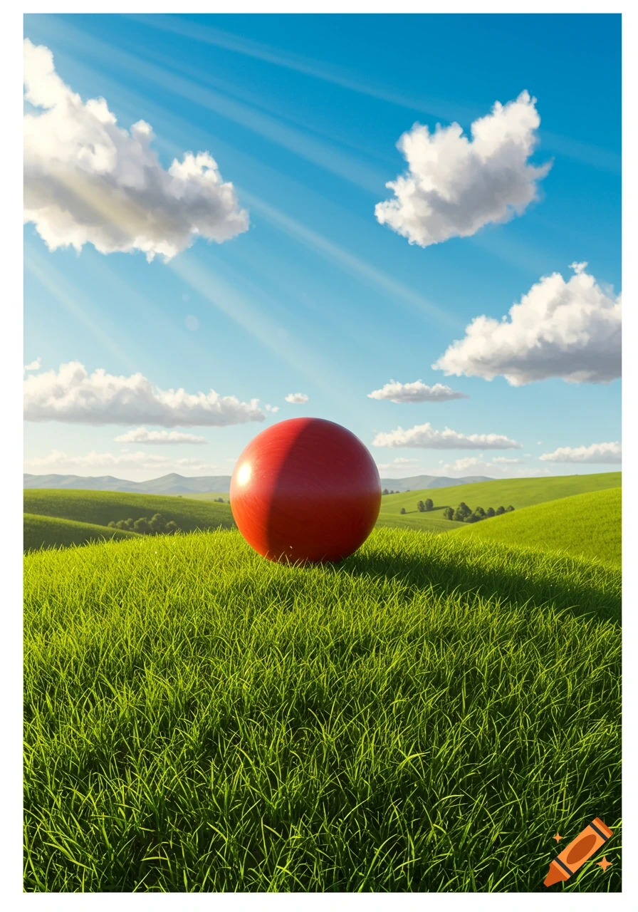 A bright red ball rests on a lush green grassy hill under a blue sky with white clouds and sun rays.