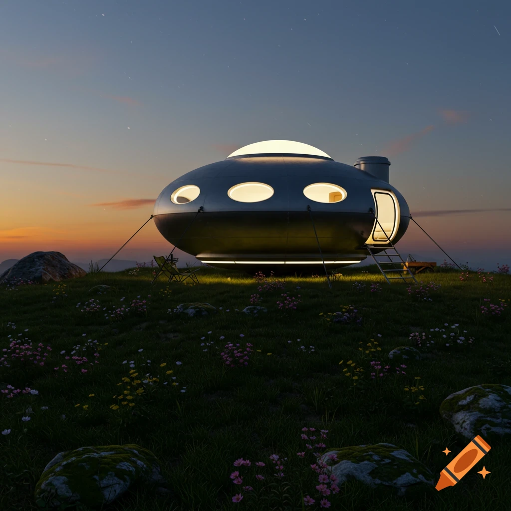 A photorealistic UFO-shaped tent with glowing windows sits in a field of wildflowers under a starry dusk sky.