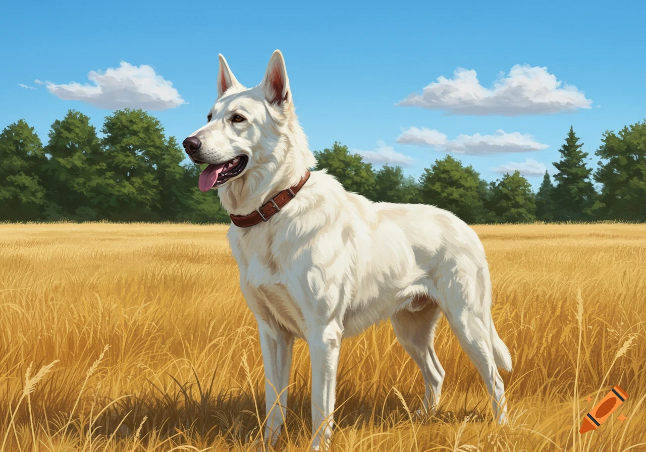 A white dog with a brown collar stands in a sunlit golden wheat field under a blue sky in a painted style.