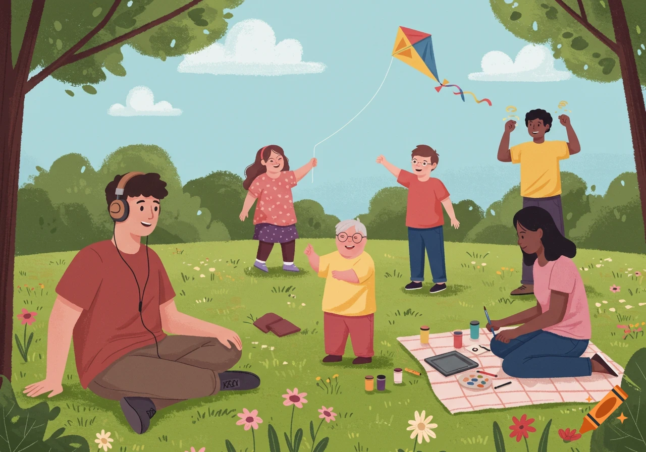 A diverse group of adults and children enjoy a sunny day in a park, flying a kite, listening to music, and painting.