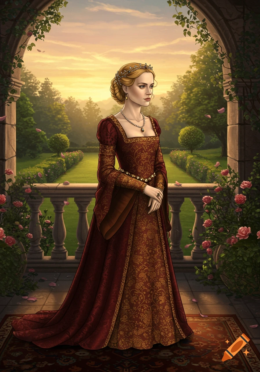 A regal woman in a dark red historical gown stands on a stone balcony overlooking a lush garden at sunset, framed by an archway.