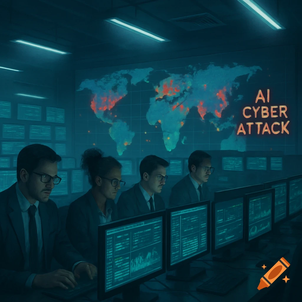 People in a dark control room monitor computer screens and a large world map with 'AI CYBER ATTACK' text.