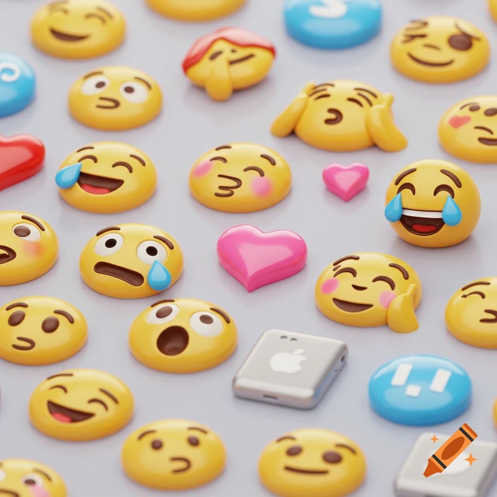 A flat lay of various 3D rendered emojis with different expressions, alongside small pink hearts and tech icons.
