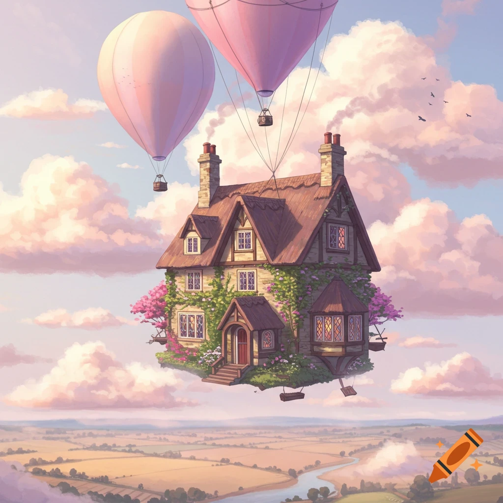 A whimsical, ivy-covered cottage with a thatched roof, tethered to two pink hot air balloons, floats in a pastel sky above a rural landscape.