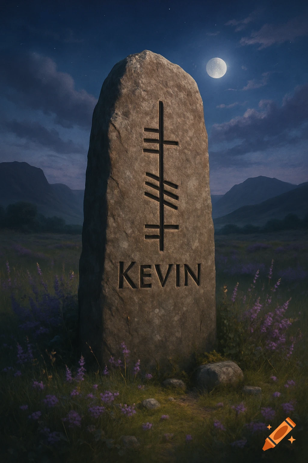A towering stone monument with carved text "KEVIN" and Ogham script stands in a moonlit field with purple wildflowers and mountains.
