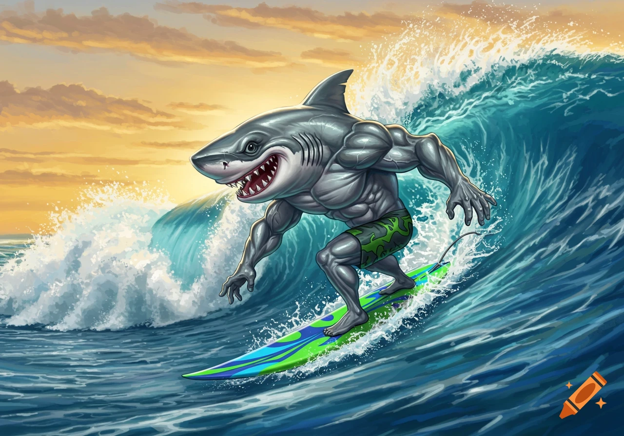 Muscular, smiling anthropomorphic shark surfing a large wave at sunset, in an illustration style.