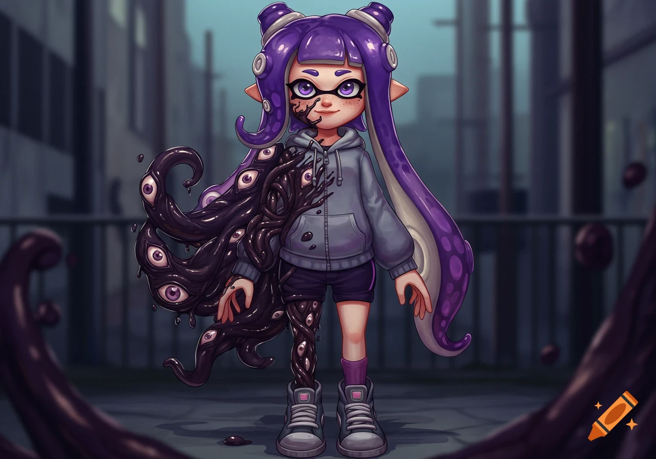 An anime-style Inkling girl, half normal, half consumed by black oily tentacles with eyes, stands in a dark alley.