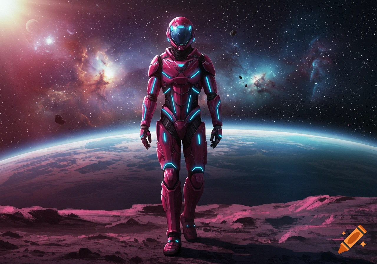 A futuristic astronaut in a glowing red and blue suit stands on an alien planet with Earth and nebulae in the space background.