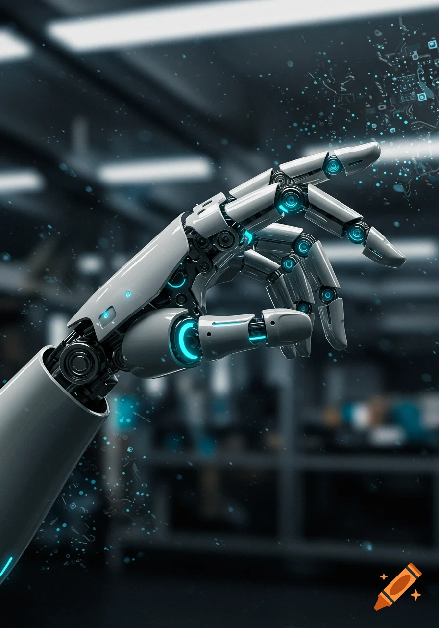 Highly detailed metallic robotic hand with glowing blue accents and digital particles on a dark, futuristic background.