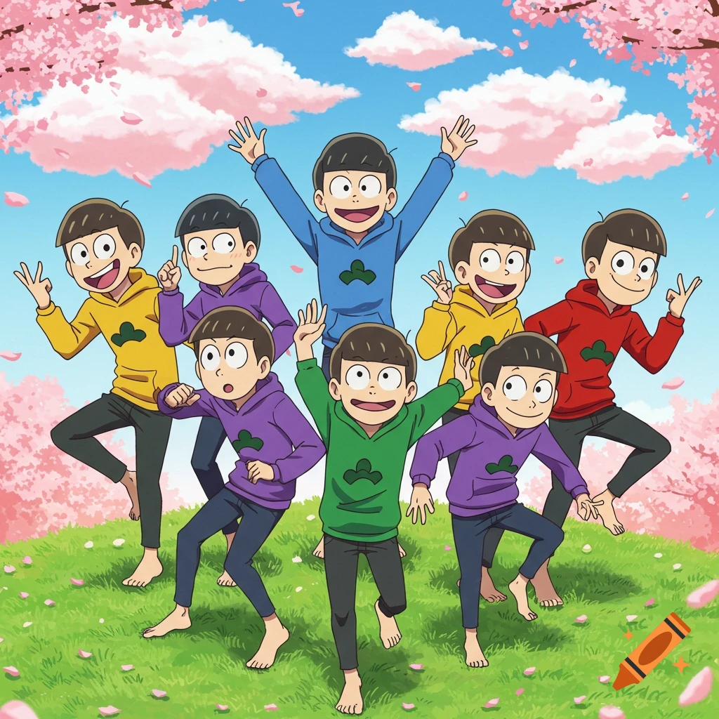 Eight anime brothers in colorful hoodies run barefoot on a grassy hill covered in pink cherry blossom petals under a blue sky.