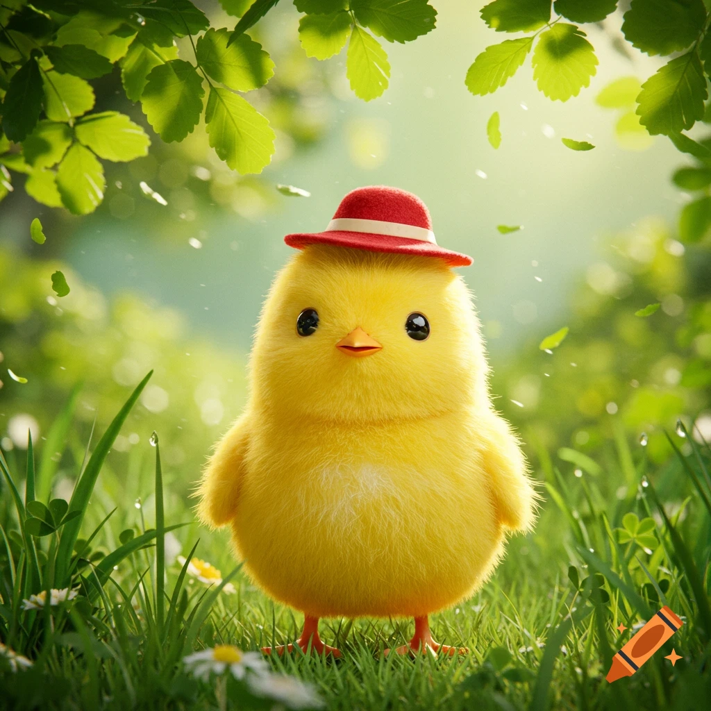 Fluffy yellow chick in a red hat stands in green grass under dappled leaves.