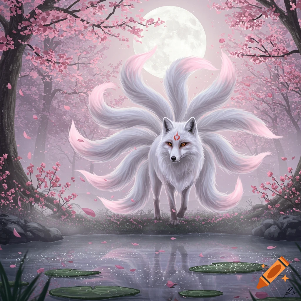 A white nine-tailed fox with red markings stands by a pond, reflecting a full moon and pink cherry blossoms in a fantasy illustration.