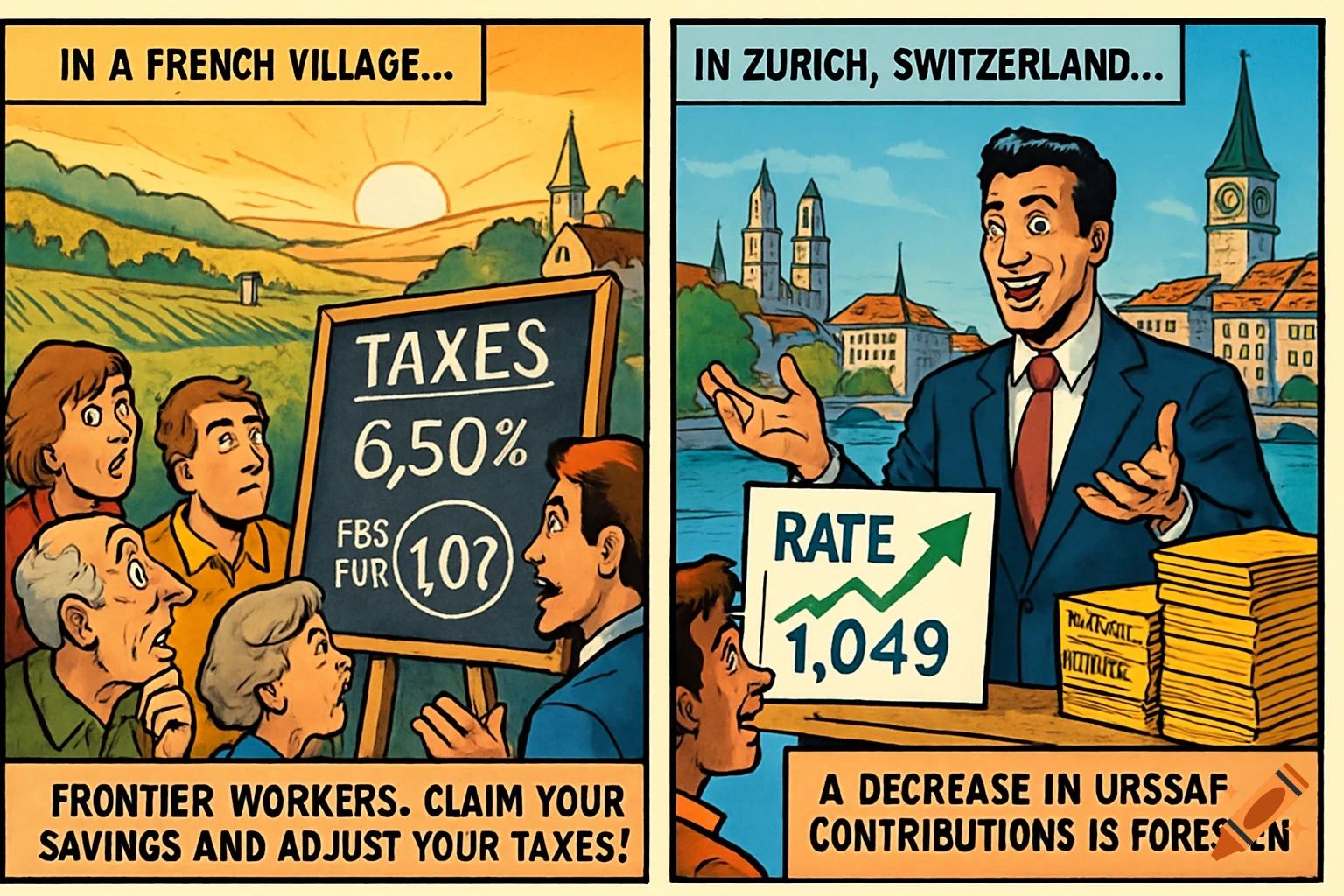 A two-panel comic illustration about taxes. The left panel shows shocked people in a French village looking at a sign saying "TAXES 6,50% FBS FUR (1,07)". The right panel shows a happy man in Zurich, Switzerland, pointing to a sign with "RATE 1,049" and stacks of money. Text at the bottom reads "FRONTIER WORKERS. CLAIM YOUR SAVINGS AND ADJUST YOUR TAXES!" and "A DECREASE IN URSSAF CONTRIBUTIONS IS FORESEEN".