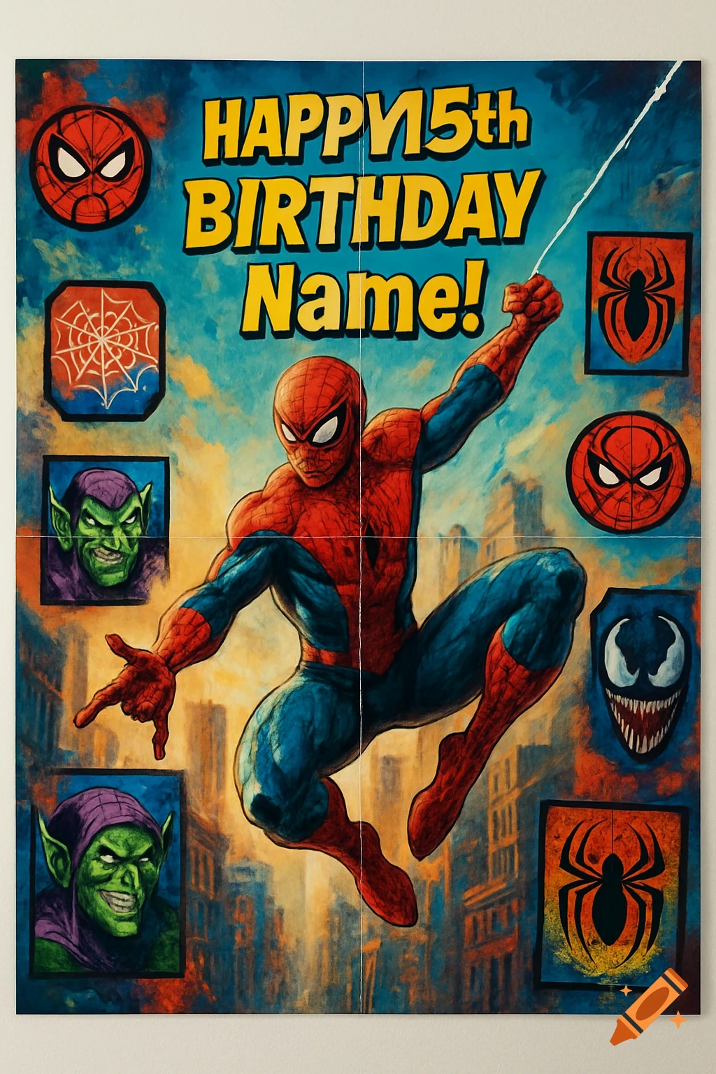 Comic-style Spider-Man birthday poster featuring Spider-Man, Green Goblin, Venom, and various logos, with "HAPPY 15th BIRTHDAY Name!" text.