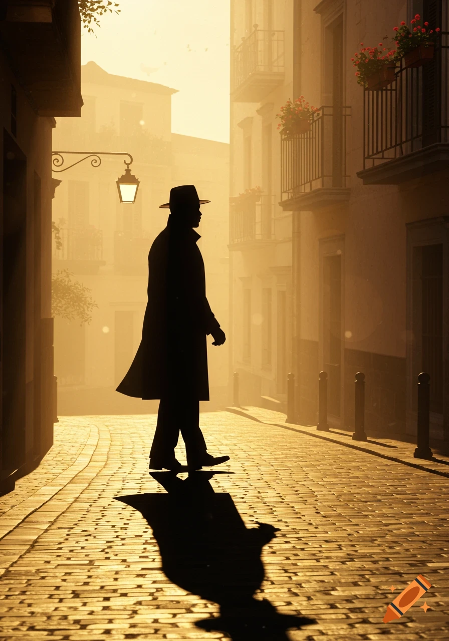A silhouetted man in a hat and trench coat walks down a sunlit cobblestone street between old buildings, casting a long shadow.