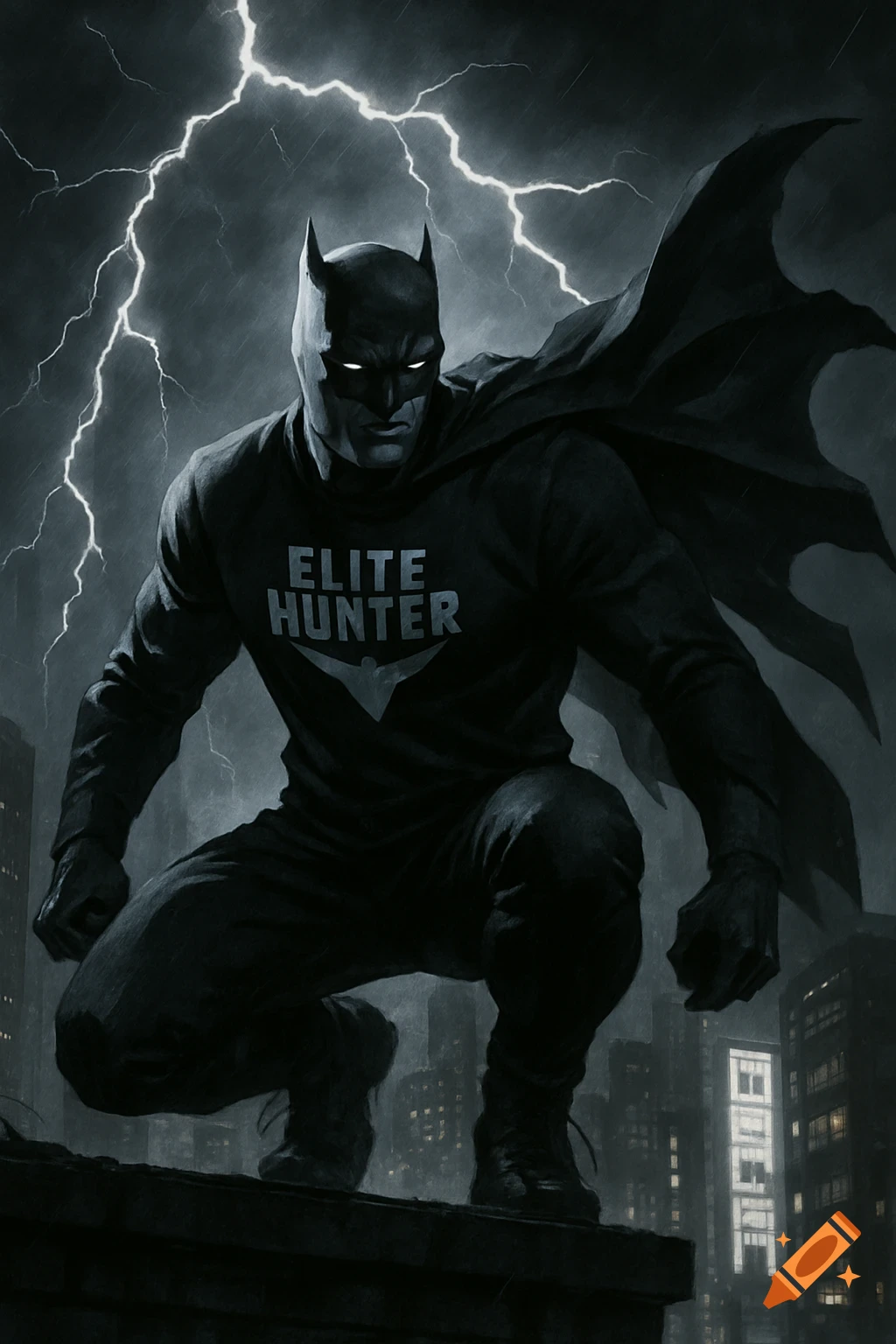 Dark superhero figure with 'ELITE HUNTER' on his chest, crouching on a city rooftop under stormy lightning.