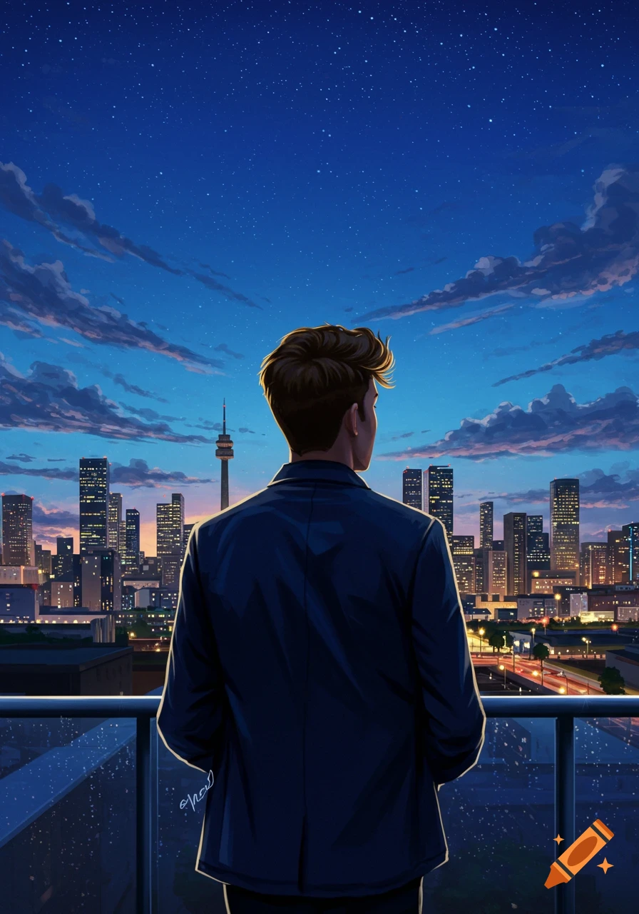 Man from behind on a balcony overlooking a sparkling city skyline at night with a tower and starry sky. Digital art.