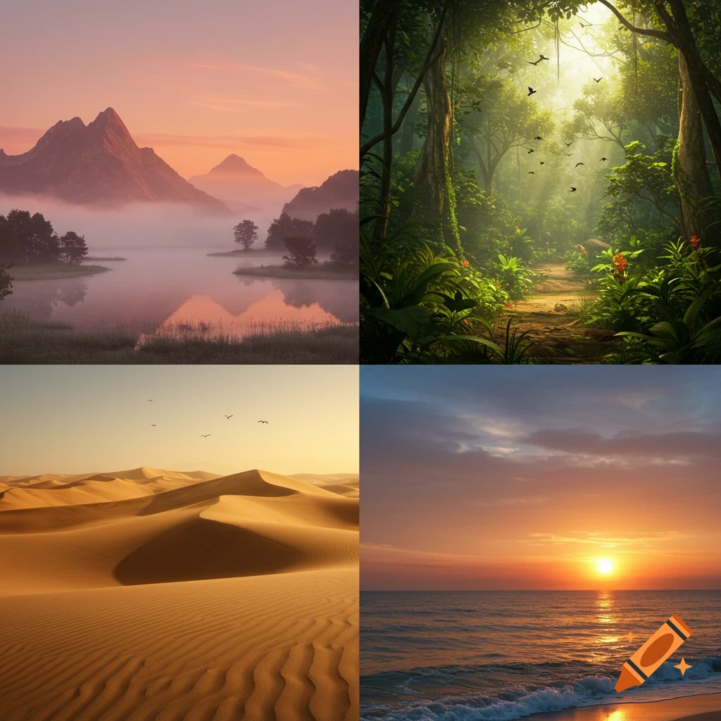 A 2x2 grid of diverse natural landscapes: a misty mountain lake, a lush jungle path, a desert with dunes, and an ocean sunset.