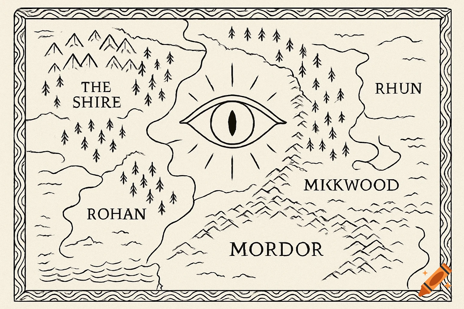 A stylized black and white line art map featuring an eye in the center, with regions labeled 'The Shire,' 'Rohan,' 'Rhun,' 'Mikkwood,' and 'Mordor.'