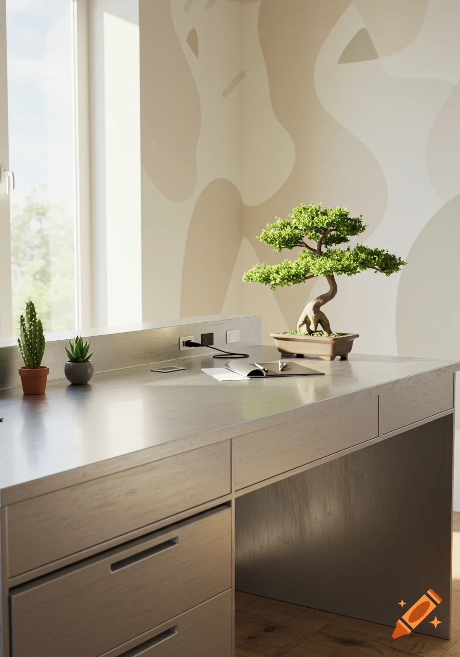 A modern, photorealistic aluminium desk by a window with a bonsai tree, potted plants, and power outlets.