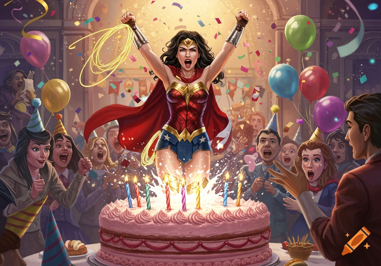 Wonder Woman in full costume emerges from a large pink birthday cake, arms raised in triumph, surrounded by cheering partygoers and confetti.