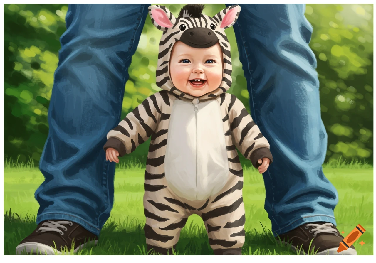 Smiling baby in a cute zebra costume standing between an adult's jean-clad legs on green grass.