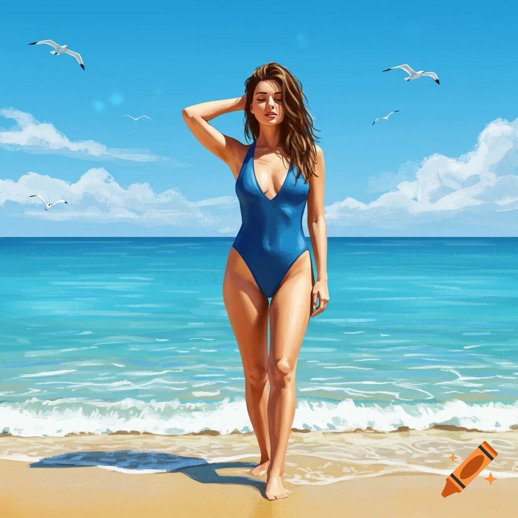 A woman in a blue one-piece swimsuit walks on a sandy beach next to the ocean under a clear blue sky with seagulls flying.