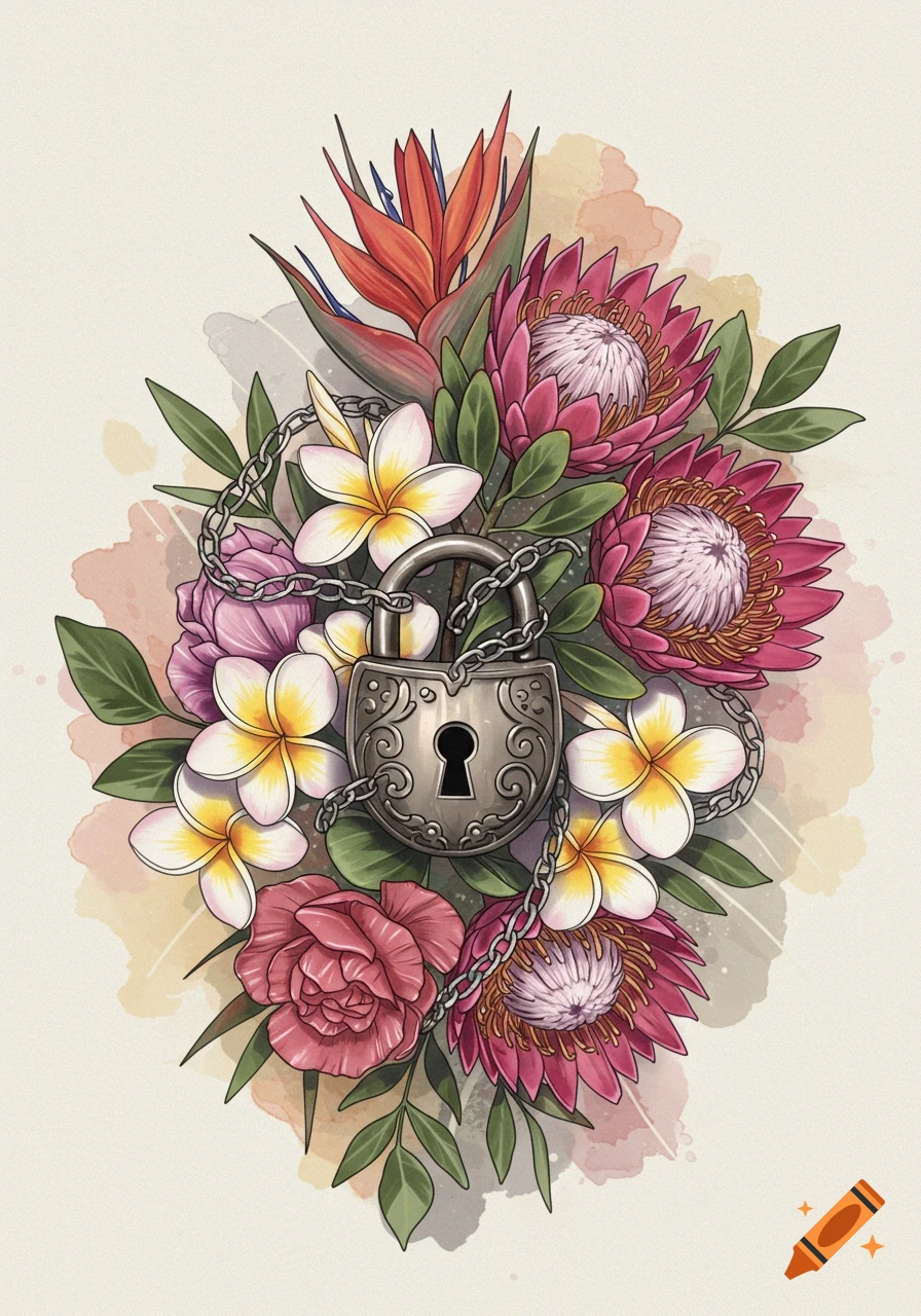 A vibrant watercolor illustration of exotic flowers including Protea, Plumeria, and Birds of Paradise, with a decorative padlock and chain at its center.