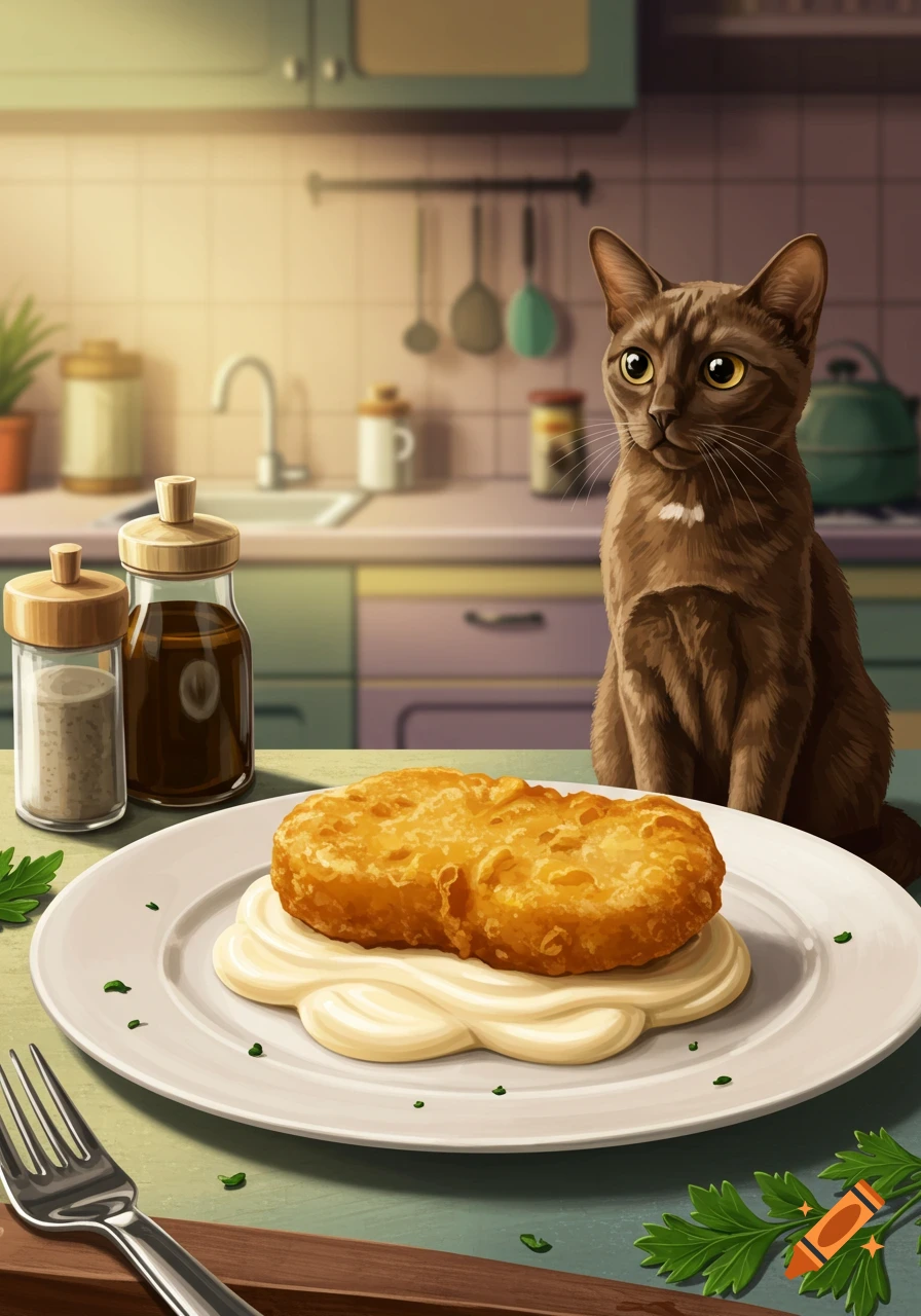 An illustrated brown cat sits at a kitchen counter, looking at a chicken nugget with mayonnaise on a plate.