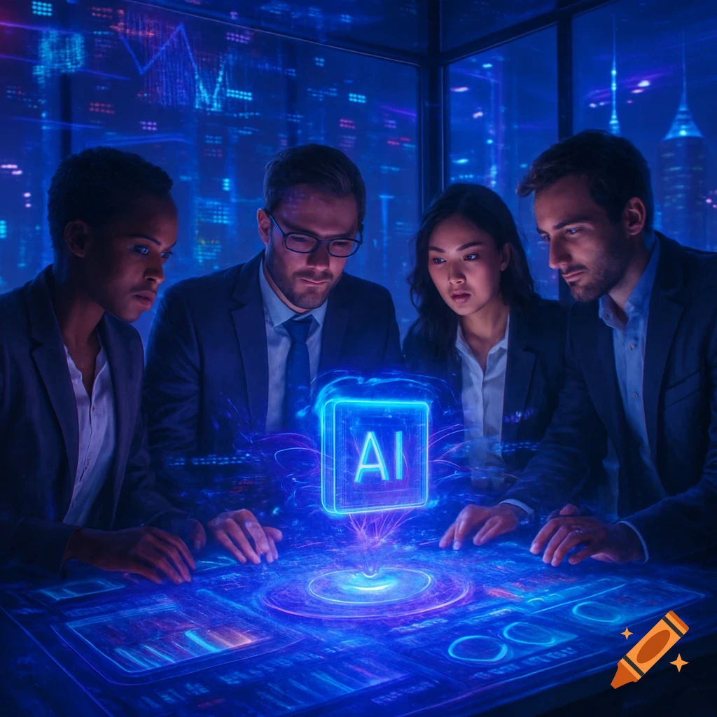 A diverse team of business professionals looks intently at a glowing holographic AI interface in a futuristic office overlooking a city.