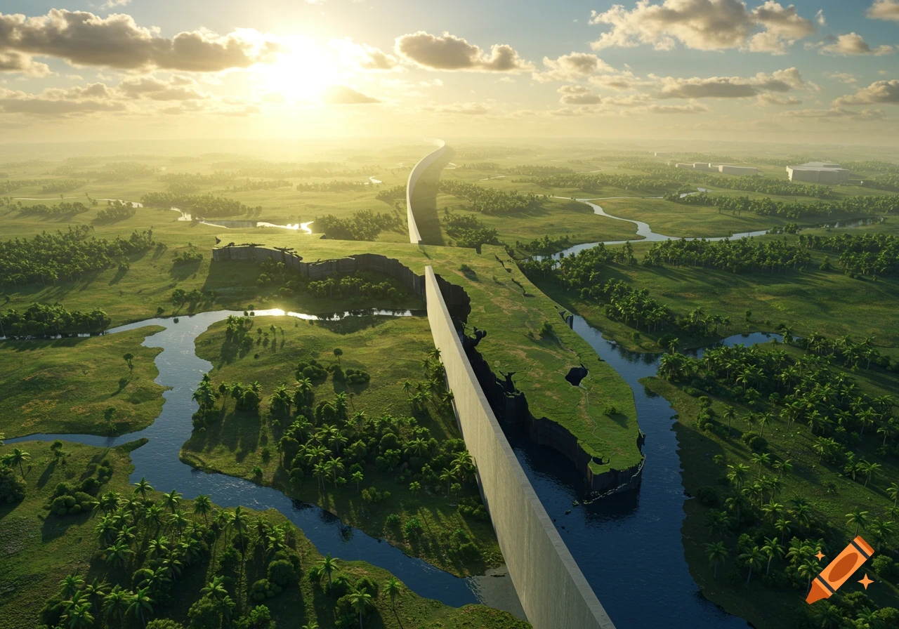 Aerial view of a lush green landscape with winding rivers and palm trees, bisected by an immense concrete wall under a sunny sky.