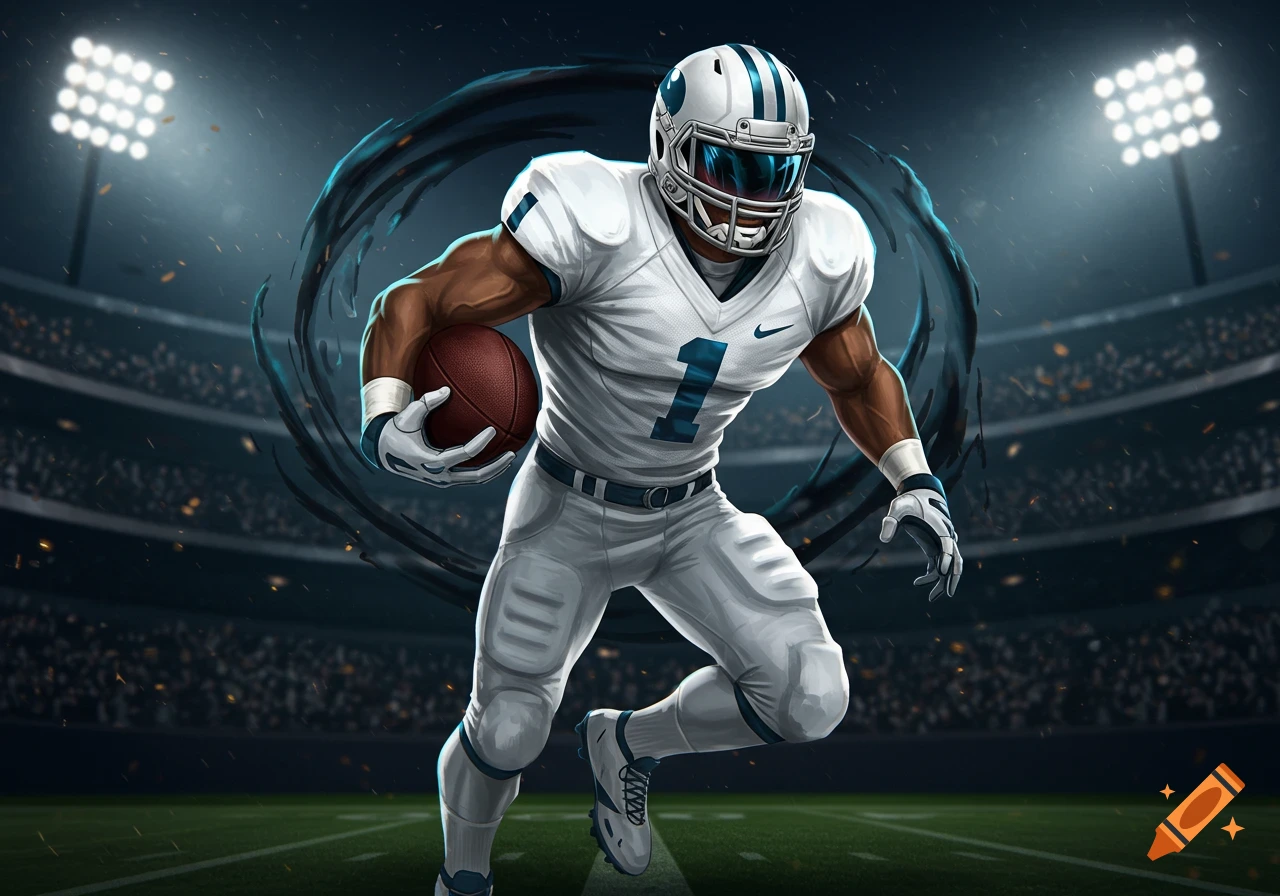 Animated football player in white uniform with number 1, holding a football, running in a stadium with a dark aura.