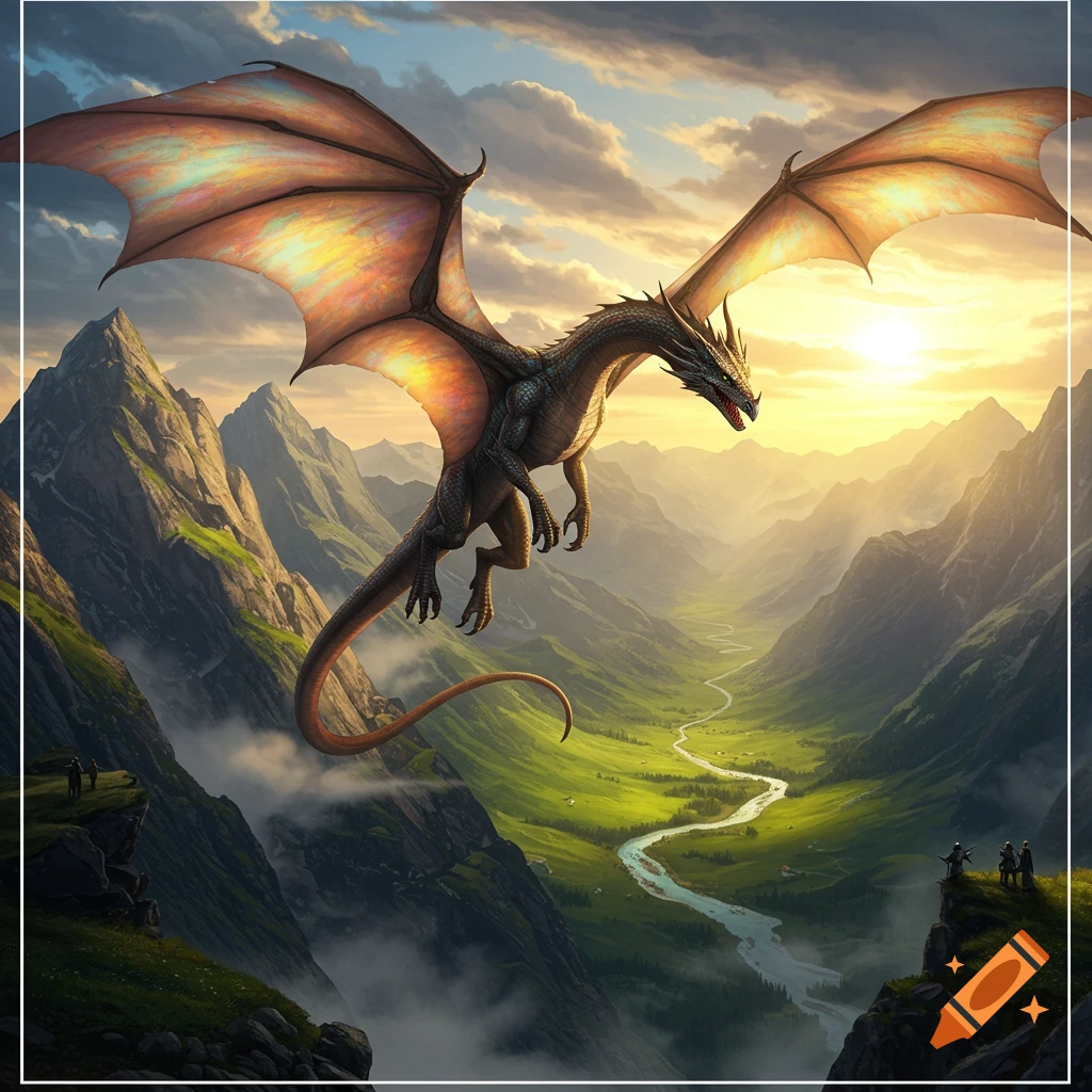 A large dragon with outstretched wings soars over a majestic green valley between mountains as the sun sets.