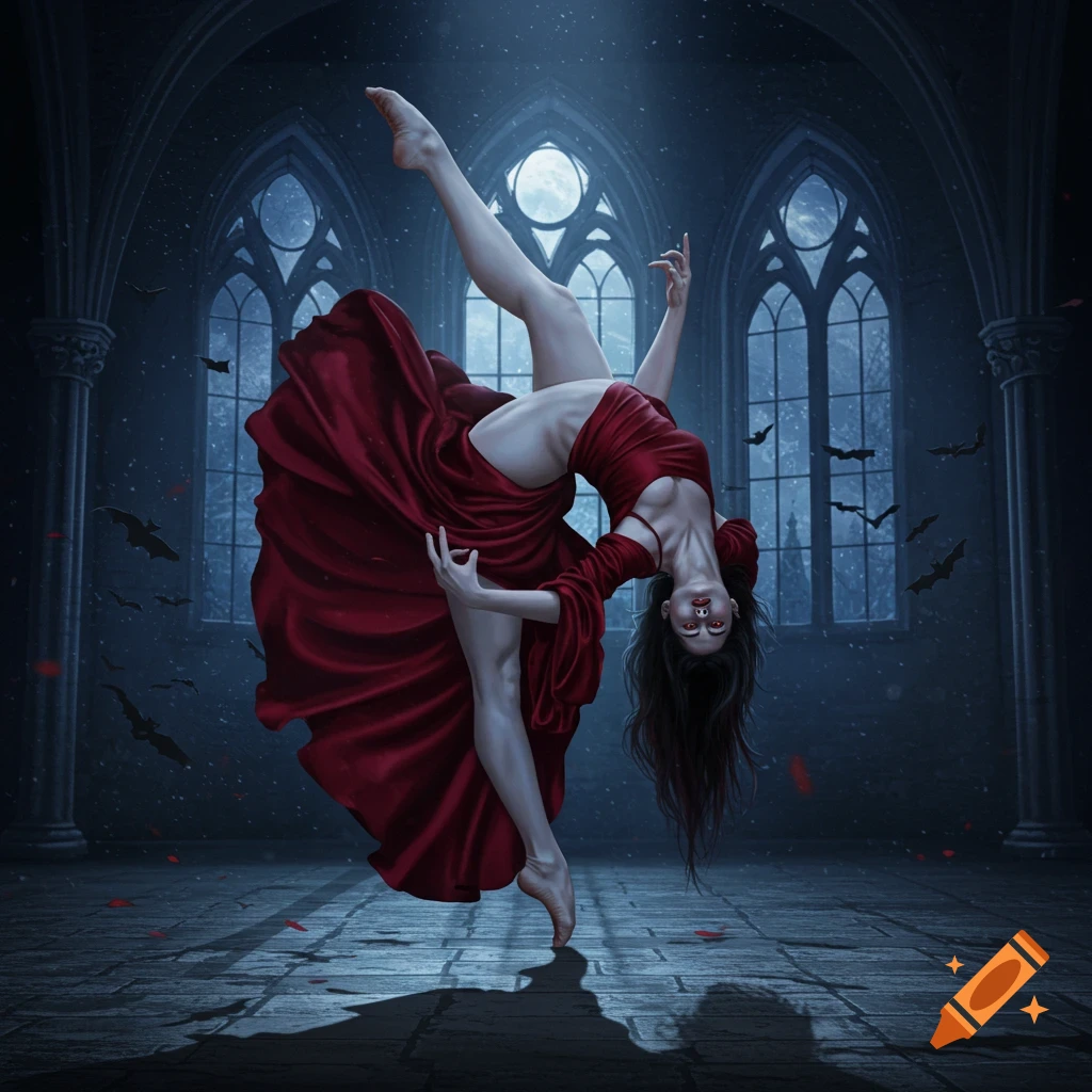 A female vampire dancer in a flowing red dress striking an impossibly flexible pose in a gothic chamber with bats flying outside moonlit windows.