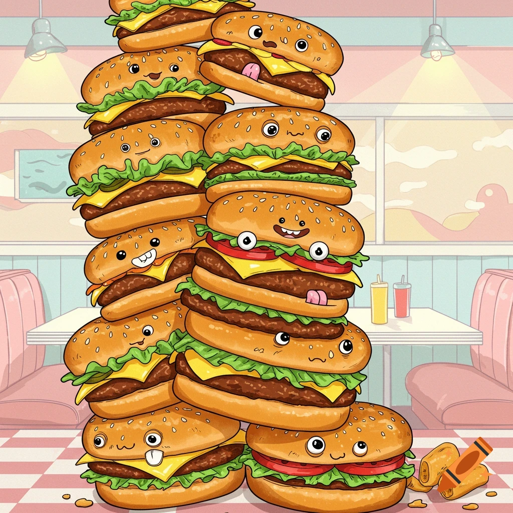 A whimsical illustration of a tall stack of cartoon hamburgers with faces and tongues, in a retro diner.
