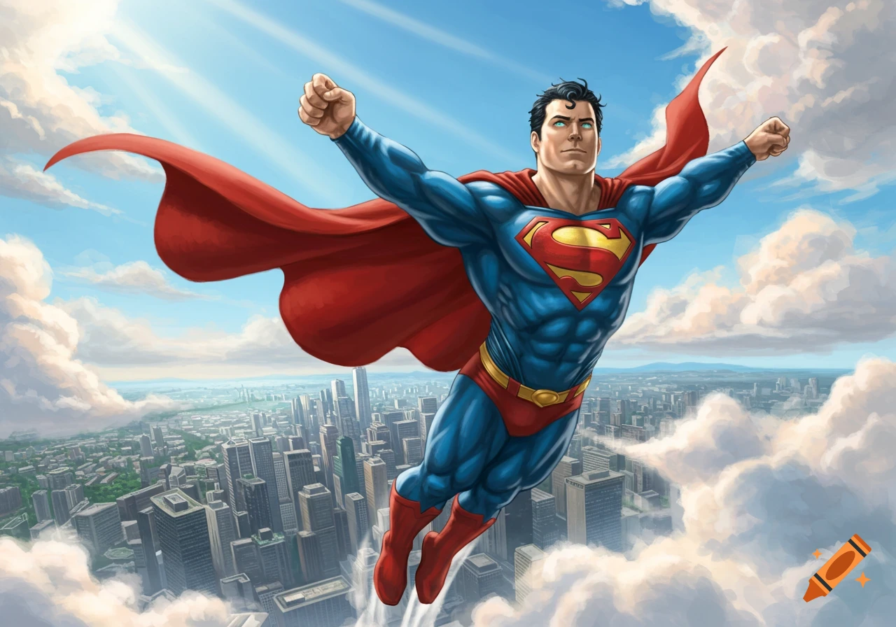 Superman flying high above a city, arms outstretched, cape billowing, in a bright comic book style illustration.