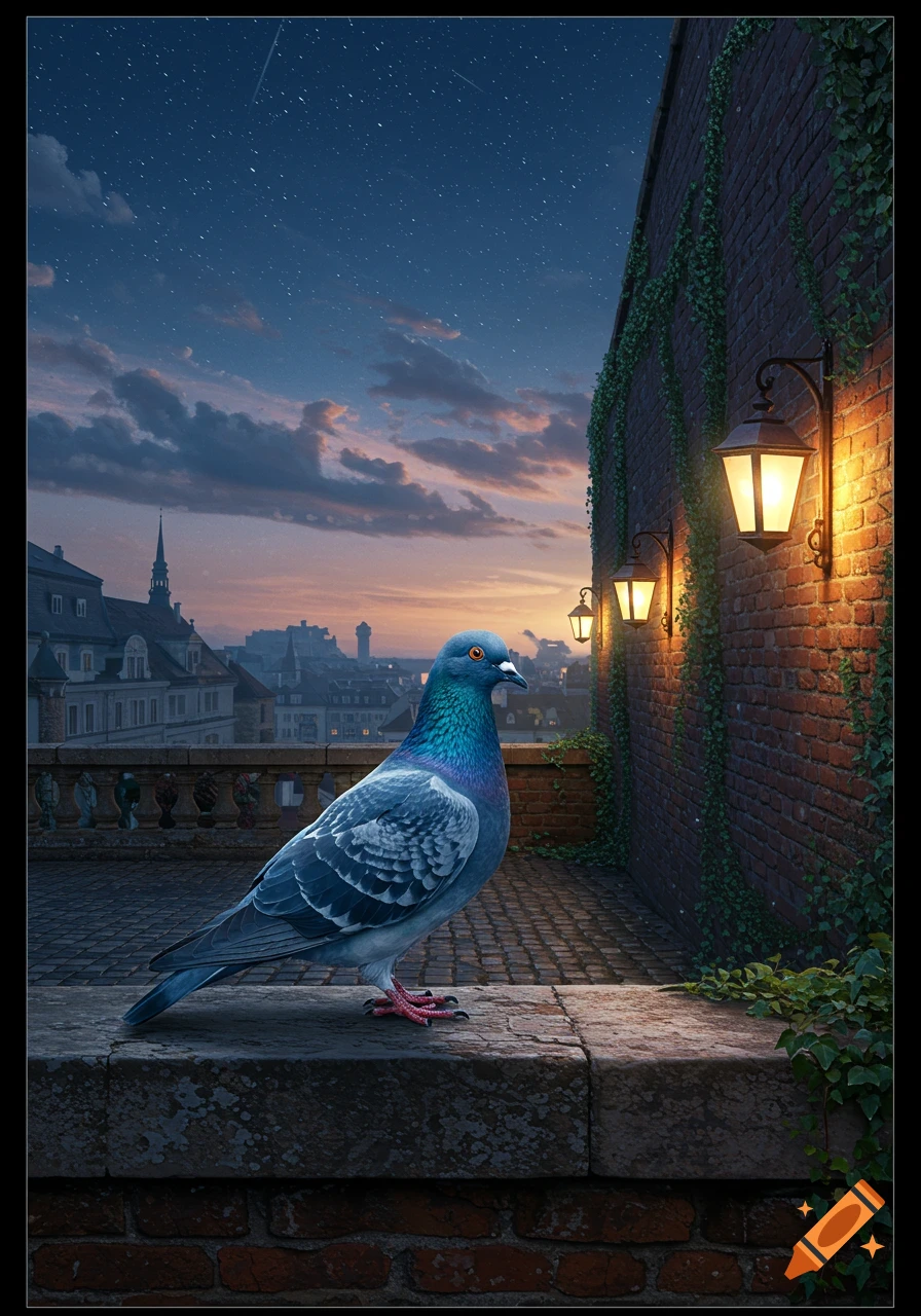 A photorealistic image of a pigeon standing on a stone wall, overlooking a city skyline at dusk with a starry sky and illuminated lanterns on a brick wall.