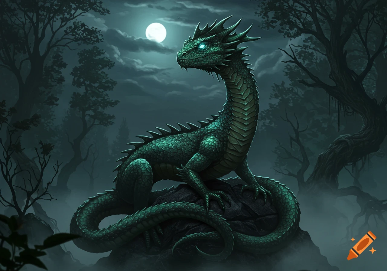 A green basilisk-like creature with glowing eyes sits on a rock in a dark, misty forest under a full moon.