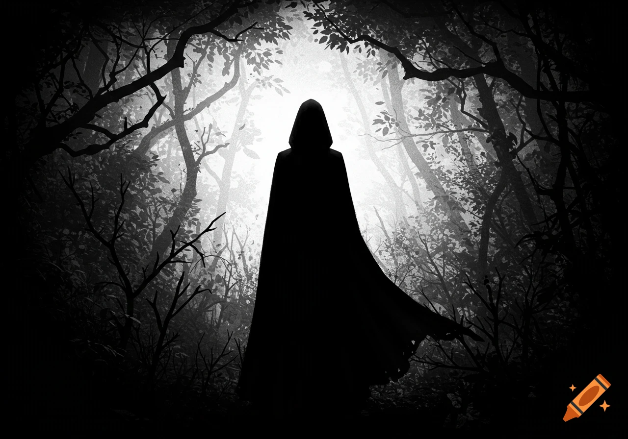 A dark, black and white silhouette of a hooded figure in a robe stands in a misty, grunge forest, facing away from the viewer.