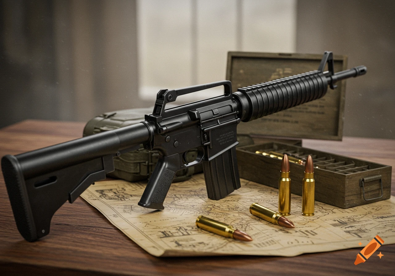 Photorealistic M16 rifle with ammunition and a map on a wooden table, with a green case and wooden box in the background.