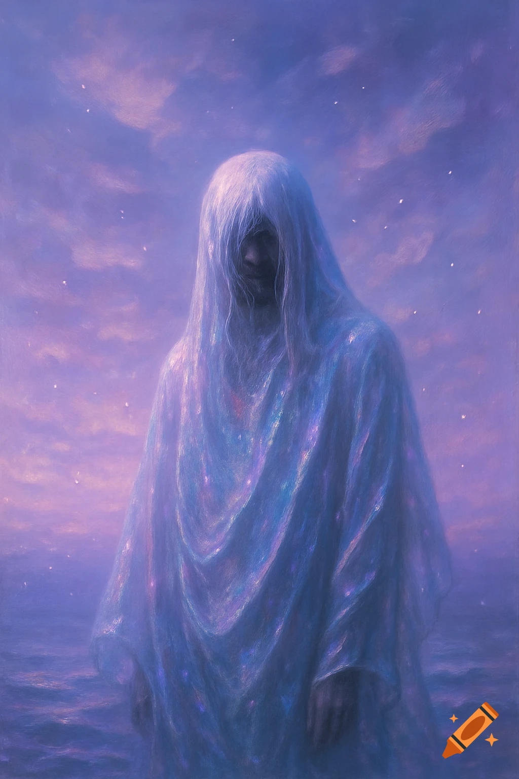 An ethereal figure in a shimmering, translucent white robe stands in water under a starry purple and blue night sky.