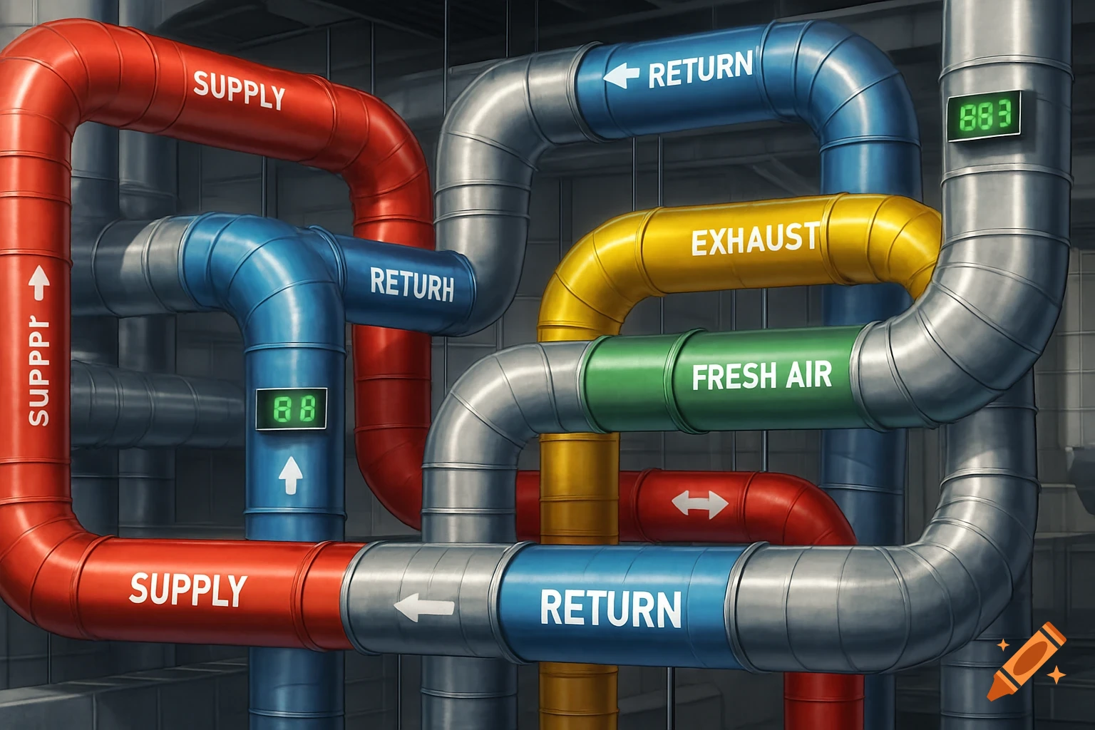 A complex network of color-coded industrial ducts with labels like SUPPLY, RETURN, EXHAUST, FRESH AIR and digital displays.