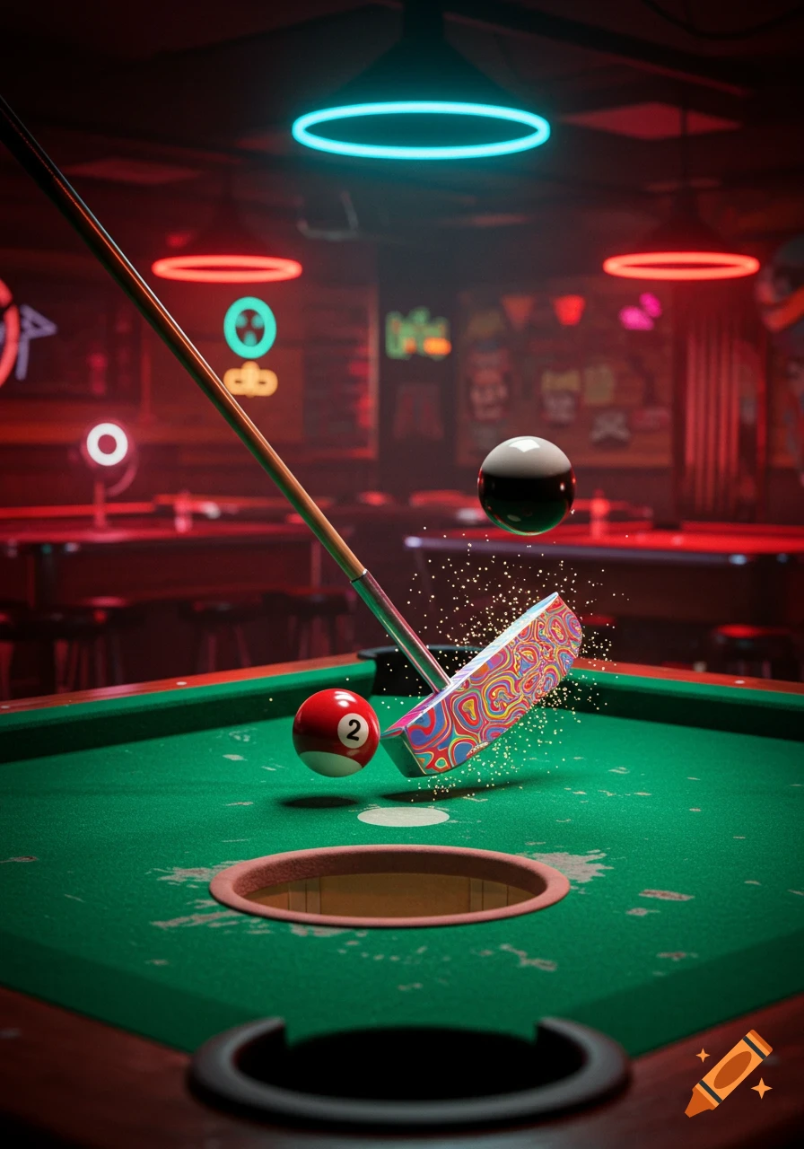 A golf putter strikes a red number 2 pool ball into a pocket on a green billiard table in a neon-lit bar.