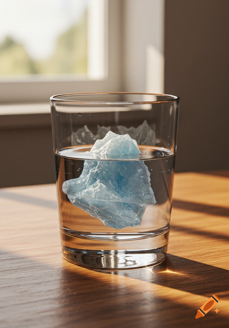 A photorealistic image of a small iceberg floating in a glass of water on a wooden table, lit by sunlight from a window.