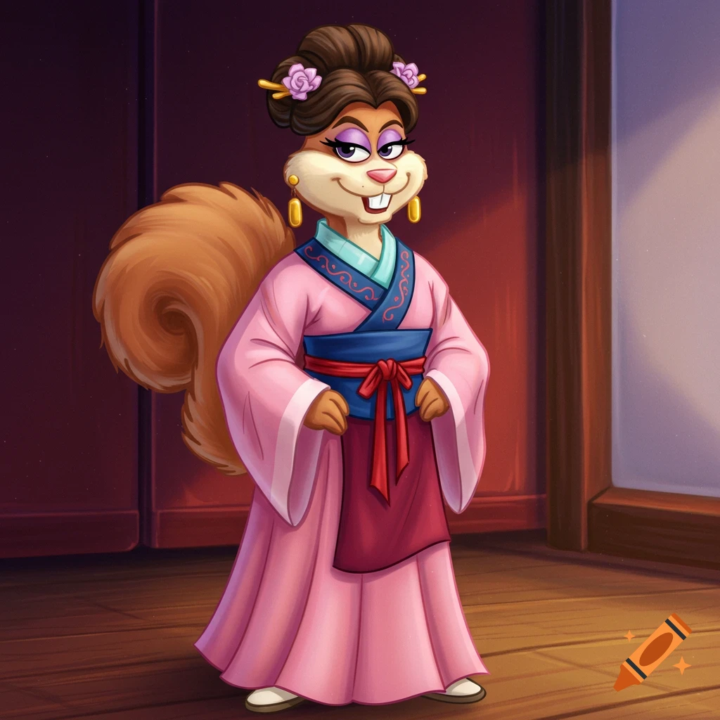 Cartoon Sandy Cheeks in a pink Hanfu with a blue sash and gold earrings, standing in a traditional room.